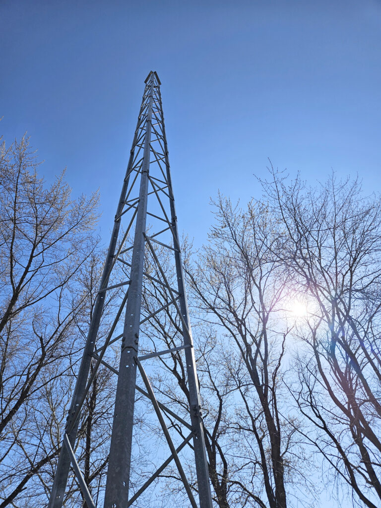 Tall metal lattice tower among leafless trees